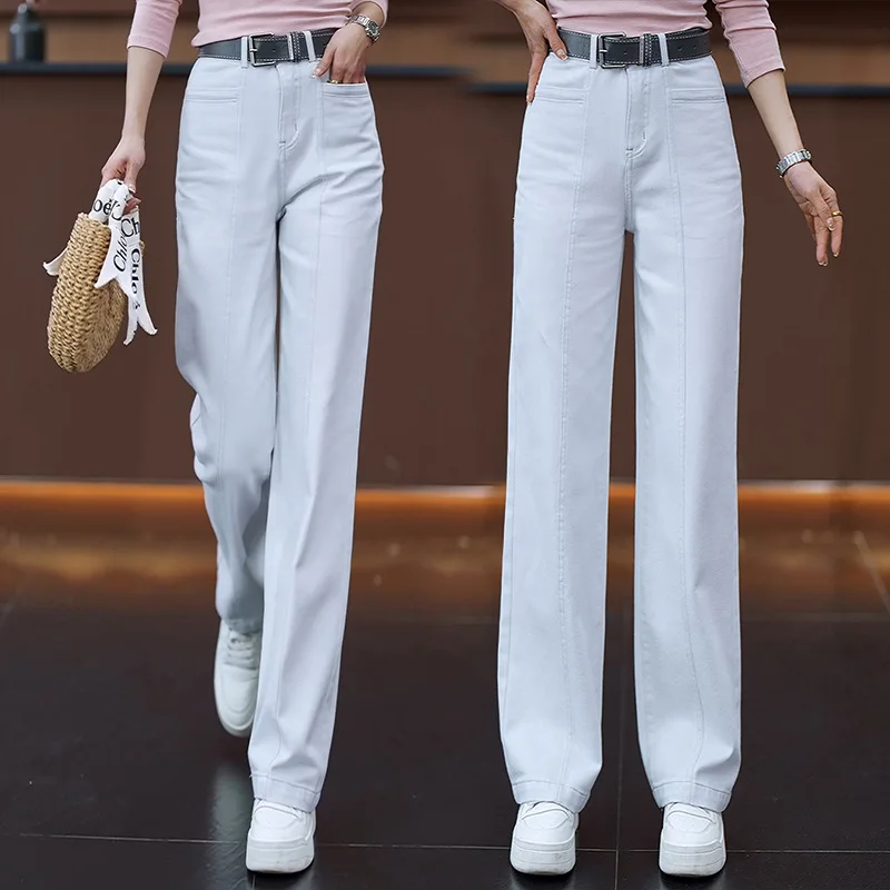 جينز أصفر ضيق واسع الساق للنساء، سروال طويل مستقيم فضفاض عالي الخصر للتخسيس متعدد الاستخدامات للربيع والخريف #3