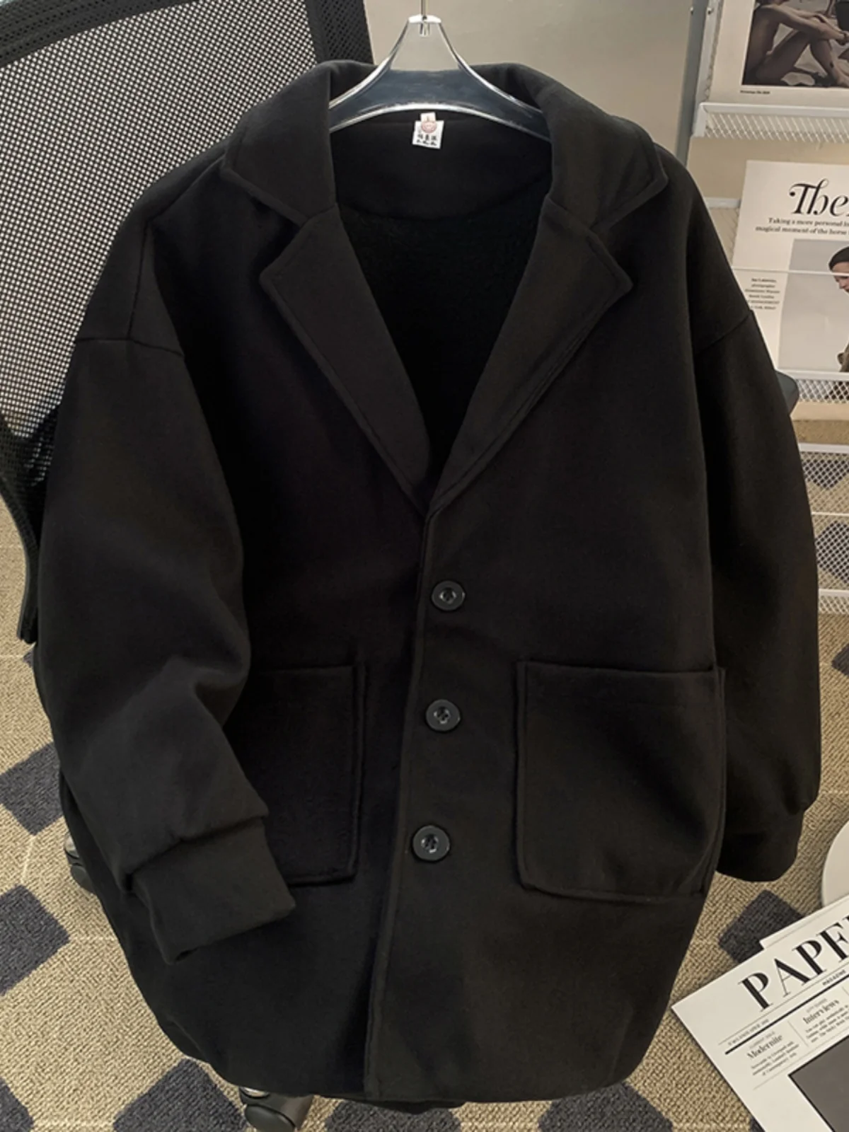 

Мужское утепленное шерстяное пальто на осень-зиму, свободный крой, повседневное, в корейском ретро-стиле, средней длины, верхняя одежда