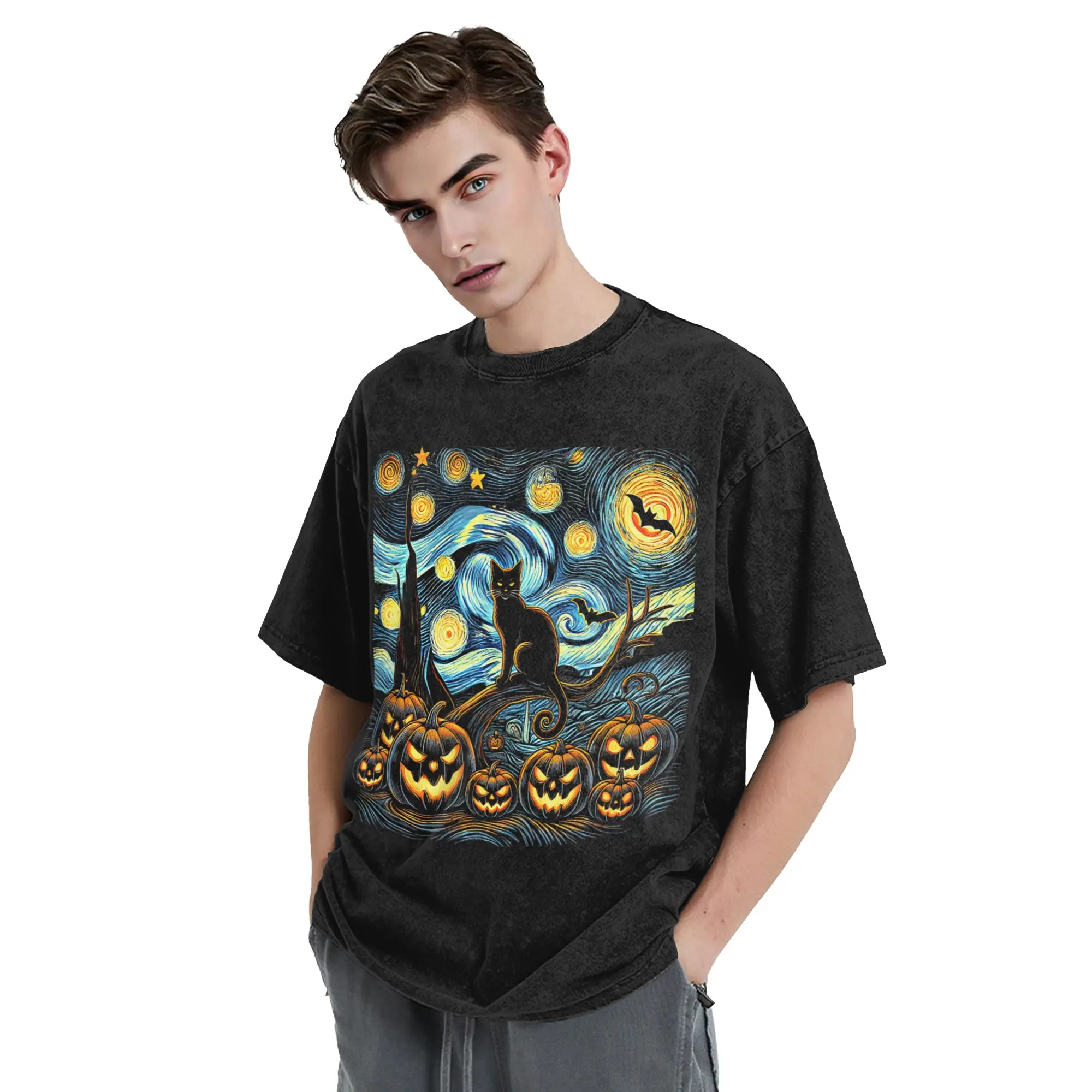 Halloween Van Gogh Starry Night Washed T Shirts Retro T-Shirts Pumpkin Black Cat Tees Tops for Men Women Cotton Oversize Summer