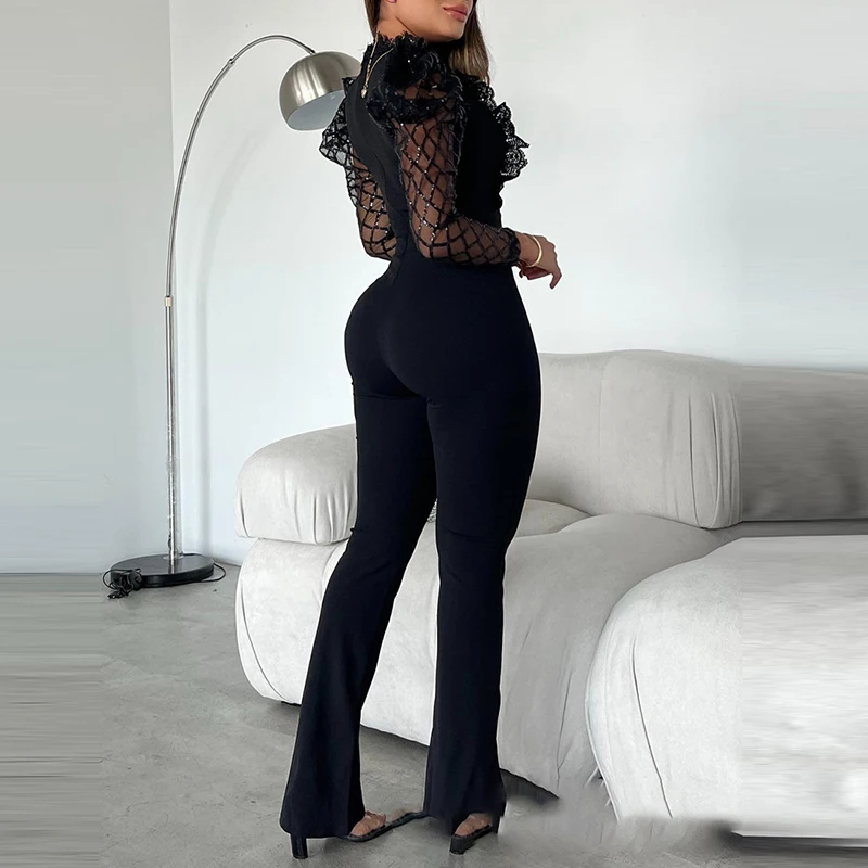 Commuter Lady Lace-Mesh Stitching Combination Sexy See-through Sequins Lattice Slim Jumpsuit Women High Waist Turtleneck Romper