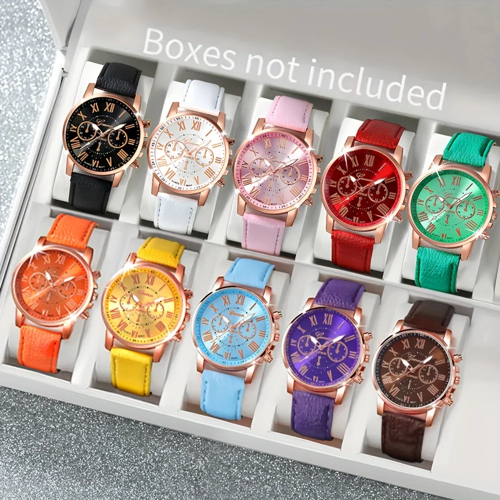 10pcs Quartz Wrist Watch Set for Men and Women, Round Zinc Alloy Case, PU Leather Band, Non-, Various Colors, with B