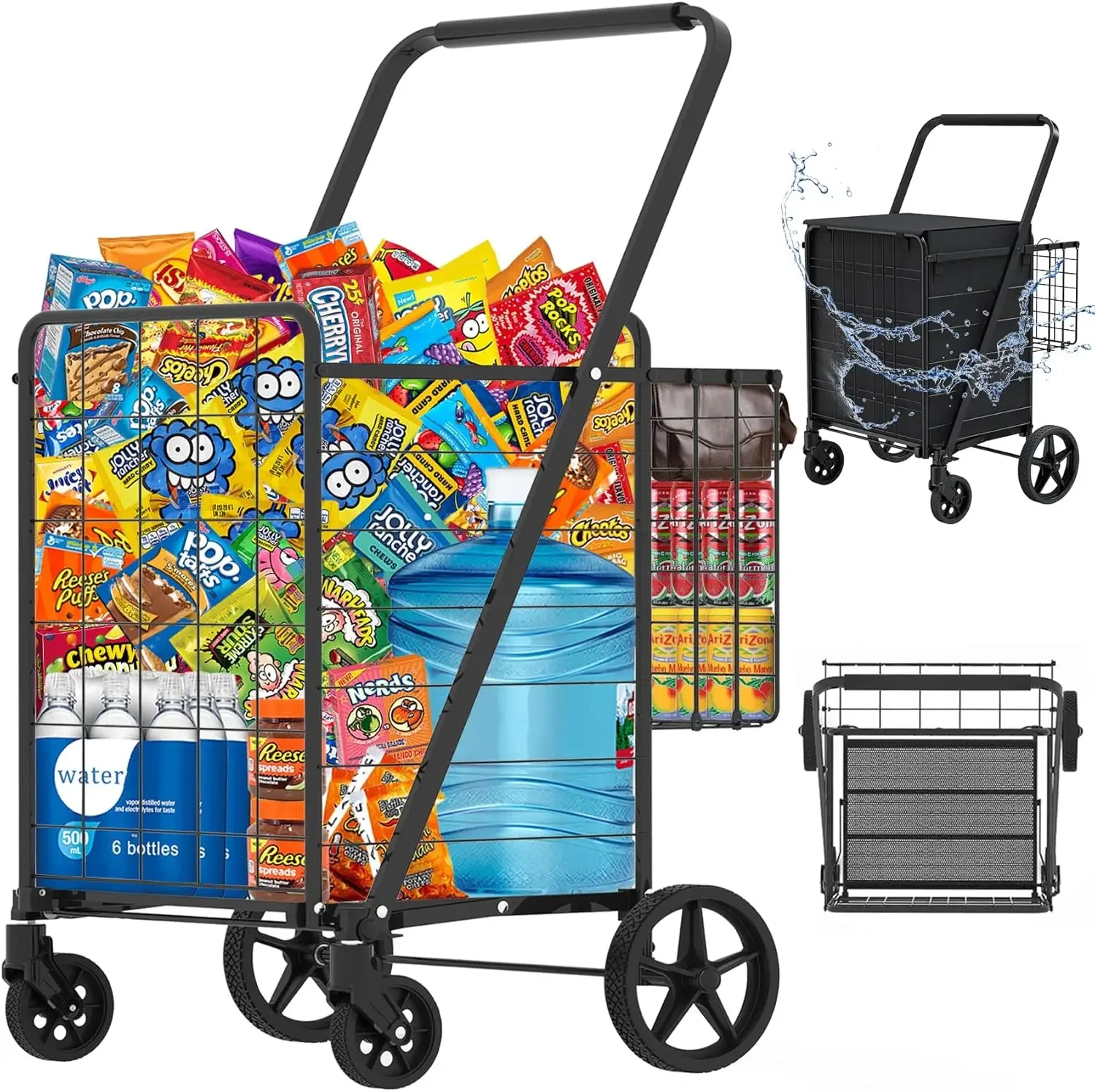 Heavy Duty Folding Shopping Cart for Groceries, Jumbo Grocery Carts with 360° Swivel Wheels, Waterproof Bag