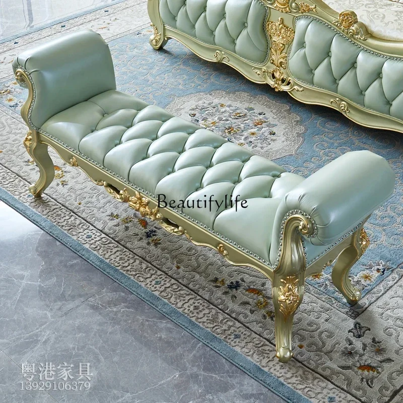 LXLXEuropean leather bedside stool American villa full solid wood carving flower drawing gold and silver shoe changing bedside s