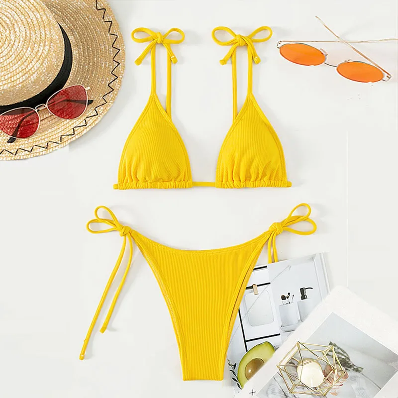 

New solid color halter neck strap two-piece swimsuit, three-point sexy fashion bikini for women