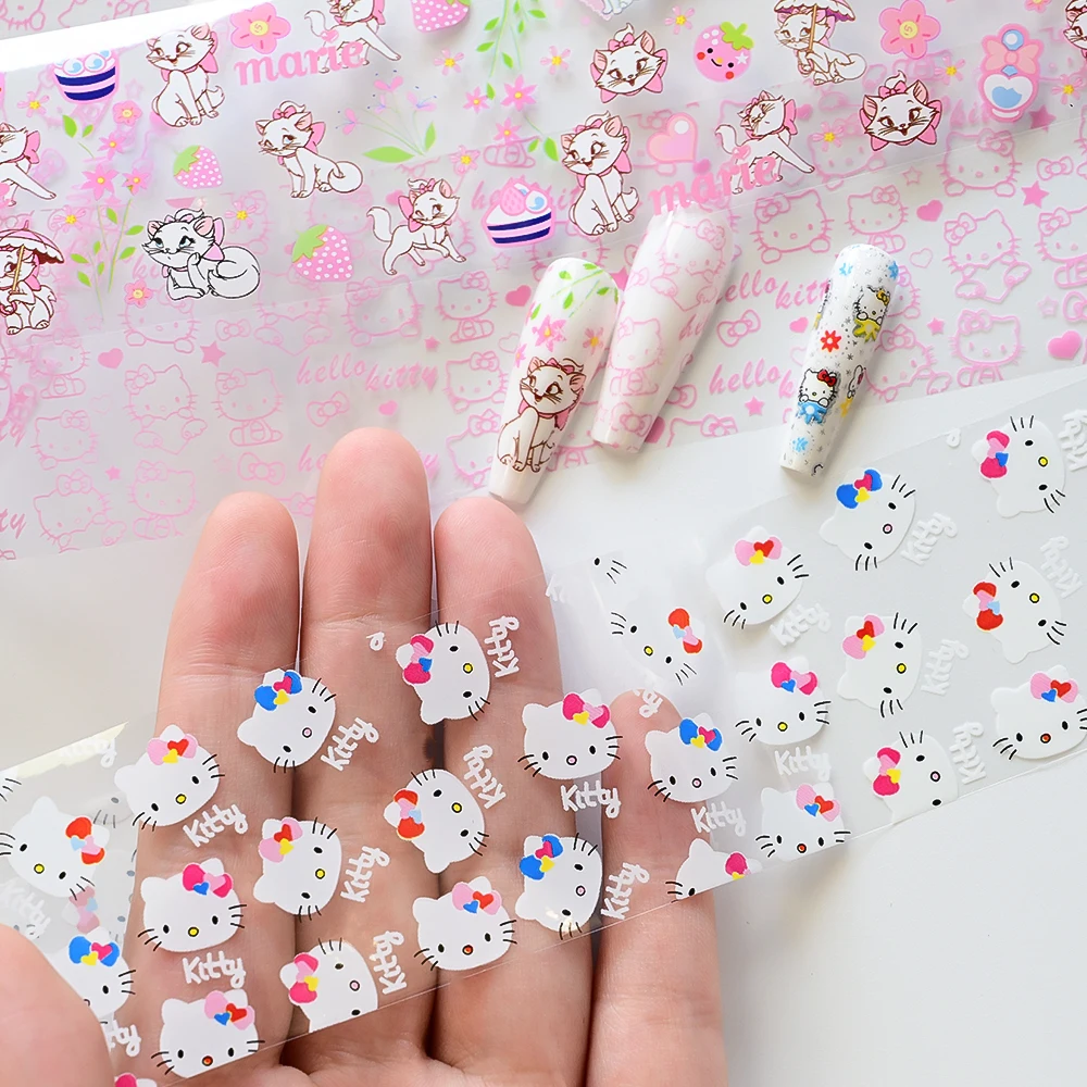 10Rolls/Box3D 혼합 HelloKitty Kuromi 네일 호일 스티커 Kawaii 다채로운 키티 네일 데칼 만화 블랙 퍼플 Kuromi 네일 슬라이더