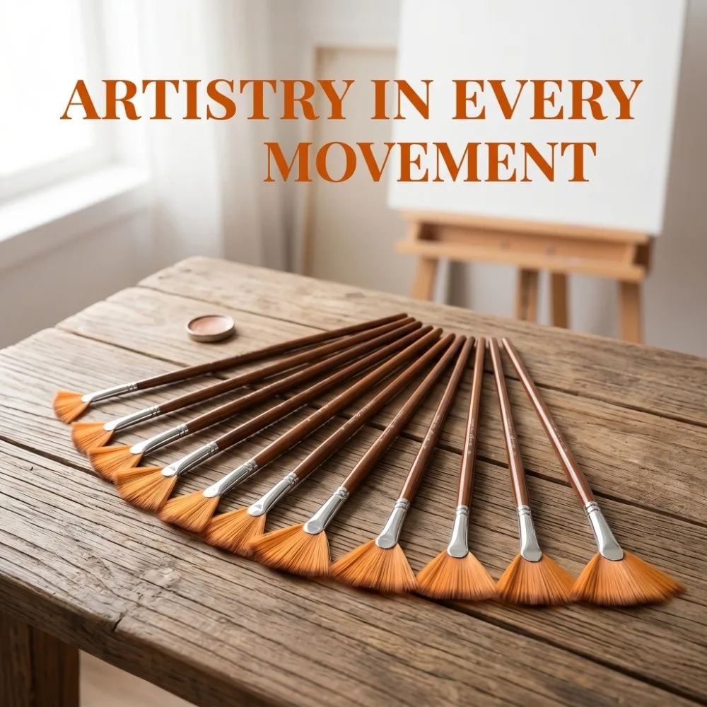 9PCS Fan tail shape Fan Tail Paint Brushes Brown handle Mixed tip type Brown Handle Art Brushes Multi-pigment compatible