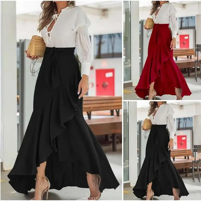 

High Waist Asymmetrical Fi Tail Skirt Sexy Bodycon Tulle Lace Trim Belted Midi Skirt Ele Women's Busin Casual Dr