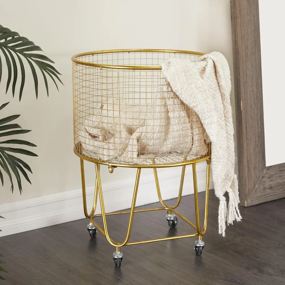 

Metal Storage Cart Deep Set Metal Mesh Laundry Basket with Wheels, Gold