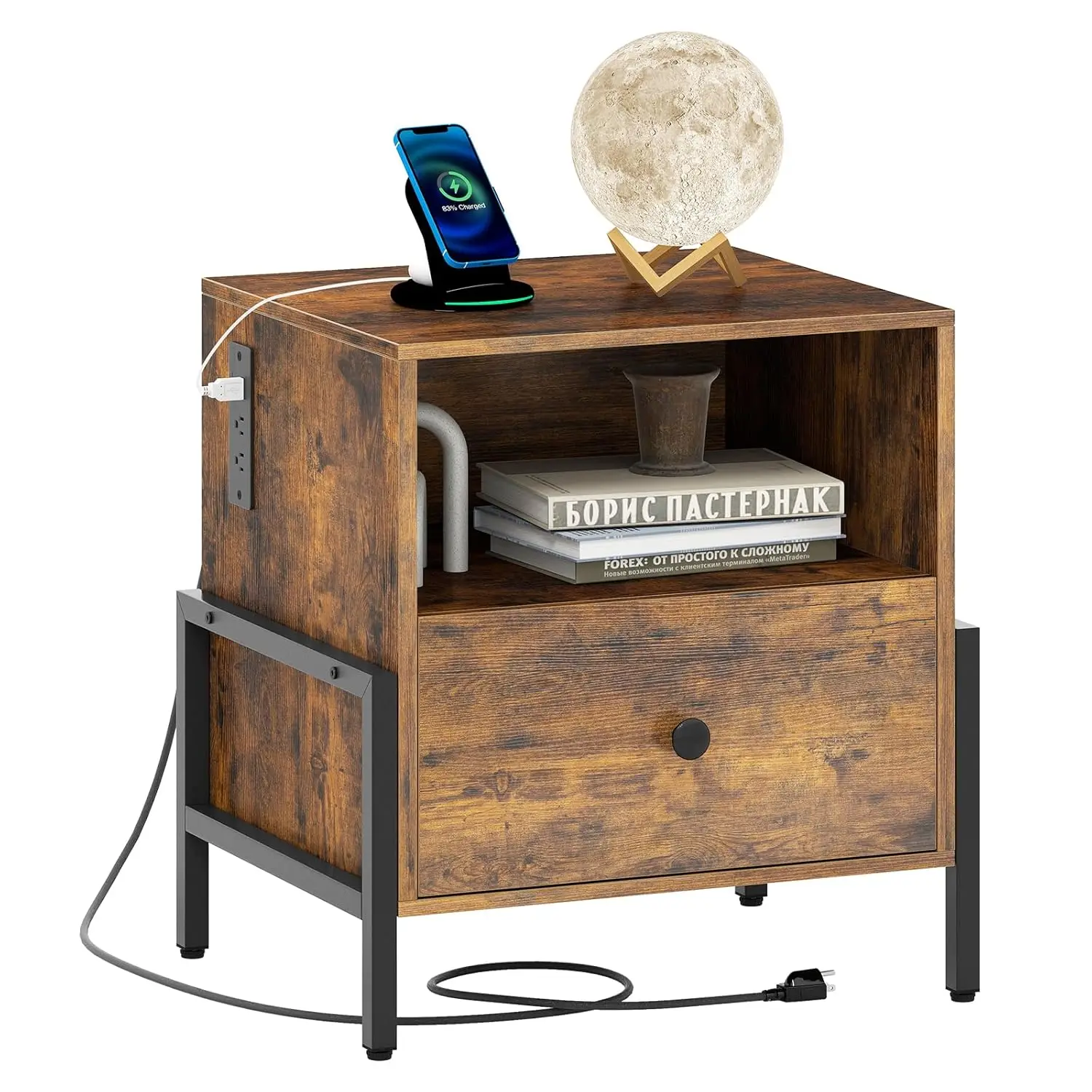 

Nightstand With Charging Station, Industrial End Table With Storage Drawer & Open Compartment, Wood Sofa Side Table, Customized
