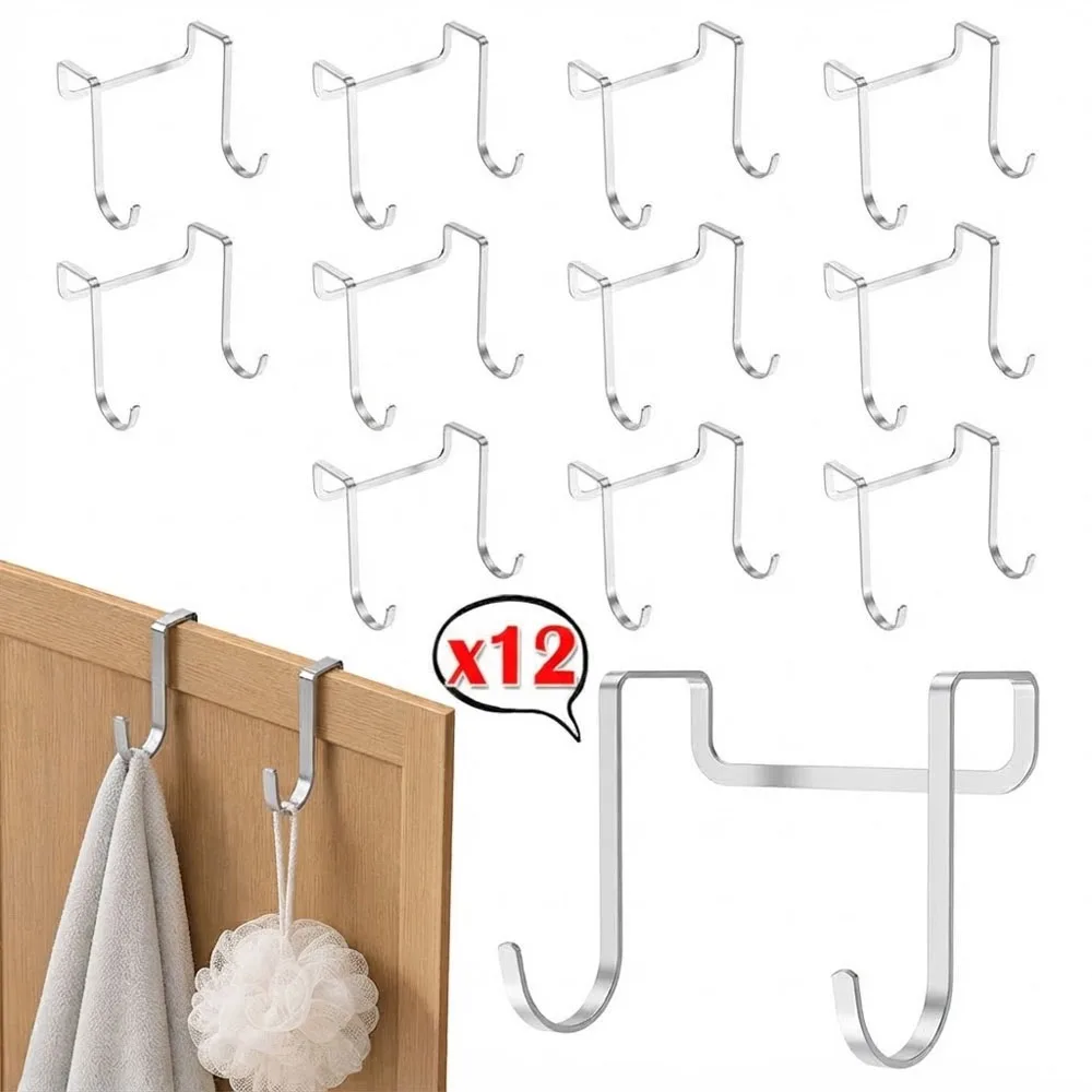 12Pcs Stainless Steel Double S Hook Cabinet Storage Hook Free Punching Hook Kitchen Bathroom Door Back Coat Towel Storage Rack