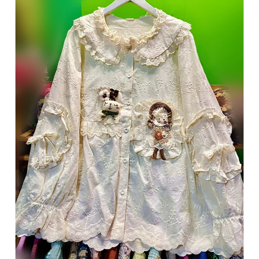 

Female Sweet Ruffled Lace Cartoon Victorian White Shirt for Girl Korean Kawaii Cute Japanese Lolita Bow Vintage Rococo Blouse