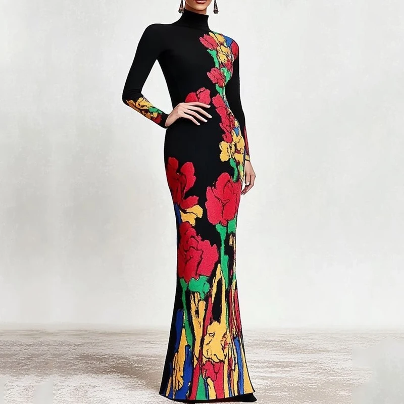 Gymystars Elegant Day Party Dress Flower Print Maxi Dresses Slim Fit High Neck Multi-Colored Skinny Female Clothing Women Robes