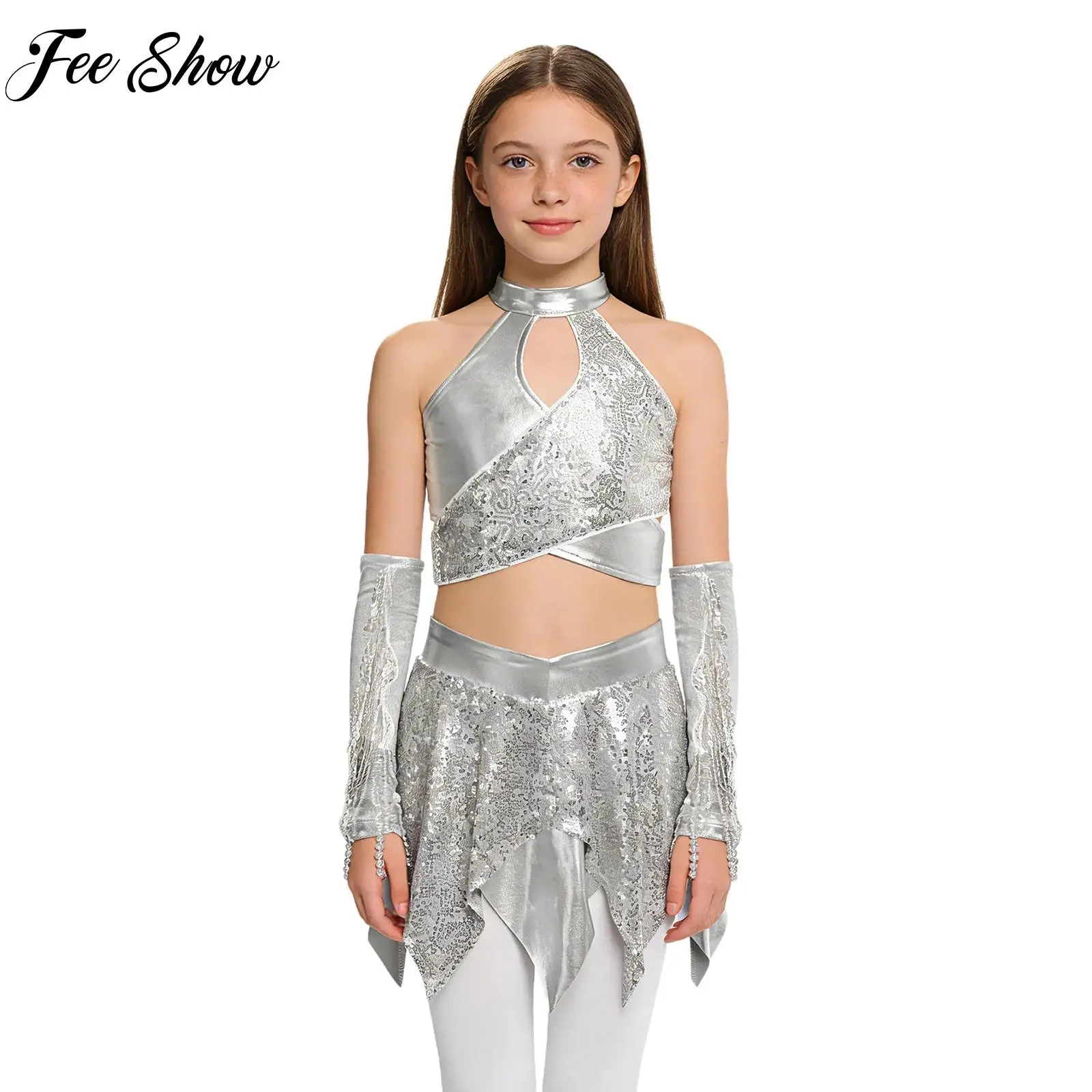 Kids Girls Hip Hop Jazz Dance Performance Costume Cross Keyhole Sequined Tassels Sparkly Metallic Crop Top with Skirt And Gloves