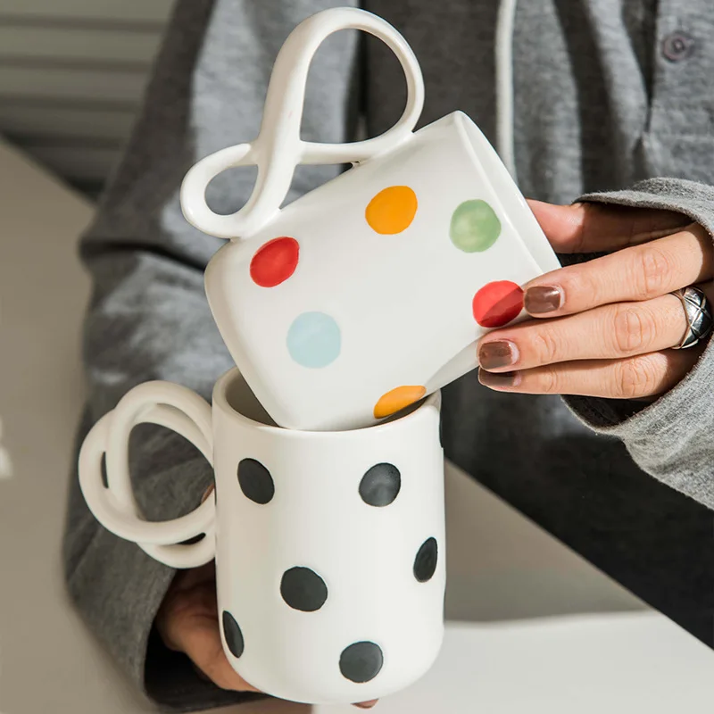 

Korean Ins Hand-painted Wave Point Lovely Ceramic Water Cup Office Mug Lovers Coffee Cup Breakfast Milk Cup