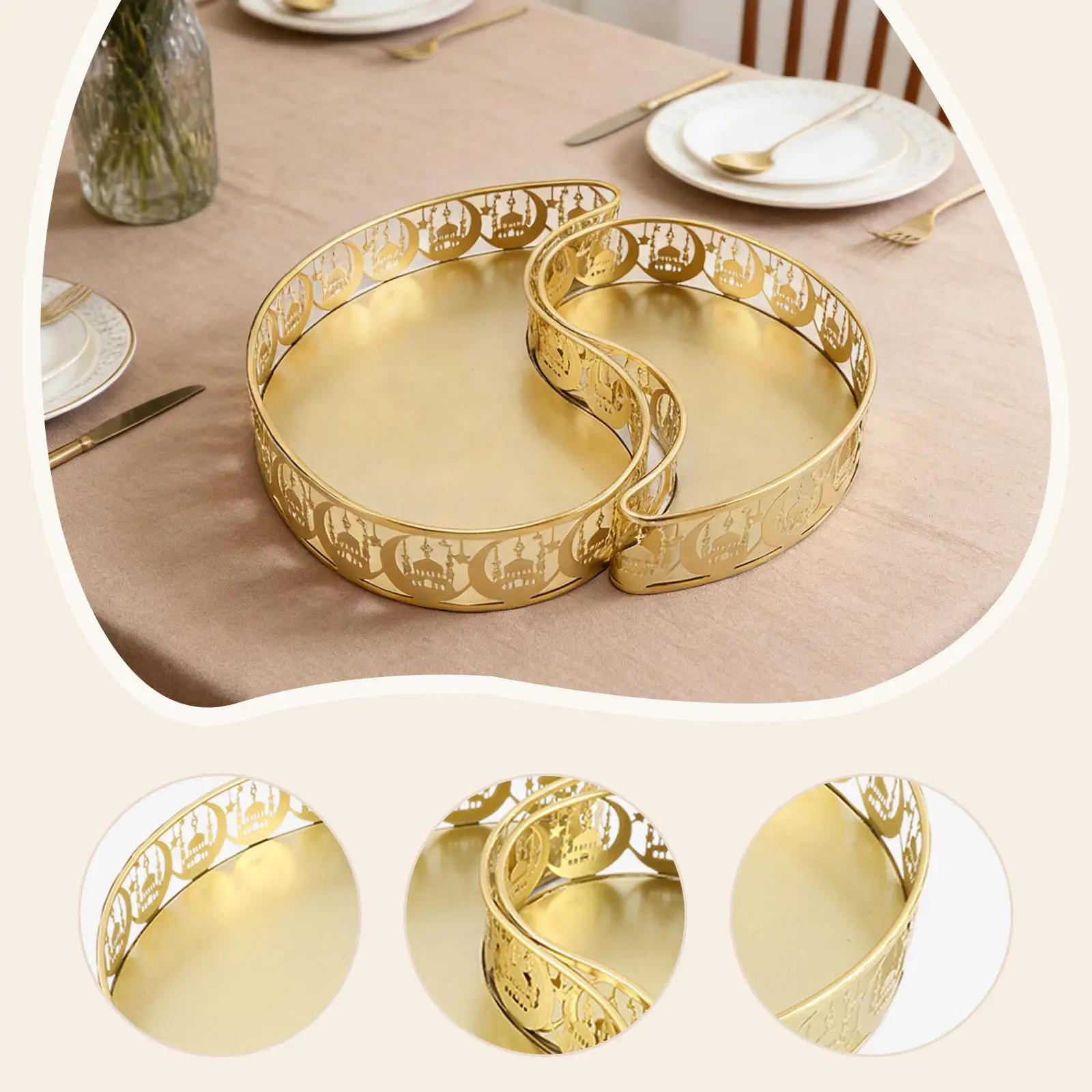 

2Pcs Ramadan Serving Trays Decorative Trays Iron Dishes Food Storage Containers Moon Shaped Plates for Candy Restaurant Festival