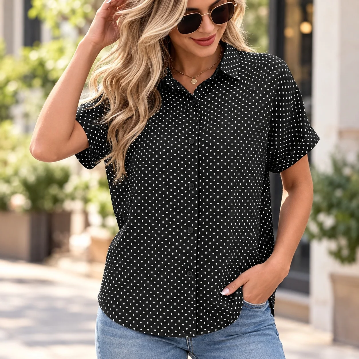 Polka Dot Short Sleeve Shirt Regular Fit Casual with 3D Pattern Spring Commuter Style Printed Pattern Shirt Collar Women Blouse