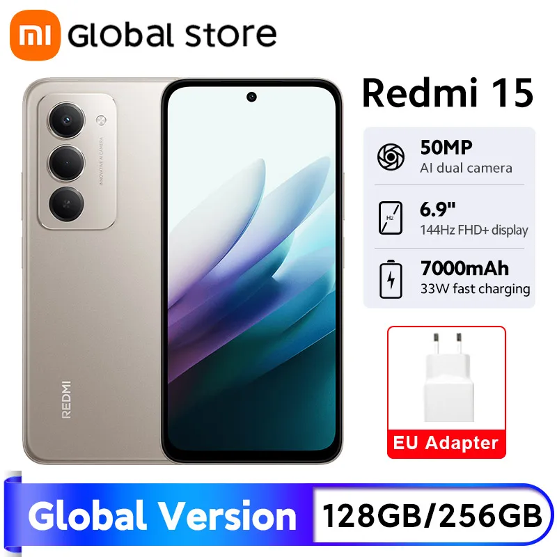 الإصدار العالمي للهاتف الذكي Xiaomi Redmi 15 بسعة 128 جيجابايت / 256 جيجابايت ROM 6.9 بوصة FHD + DotDisplay Snapdragon 685 كاميرا 50 ميجابكسل 7000 مللي أمبير في الساعة 33 وات IP64