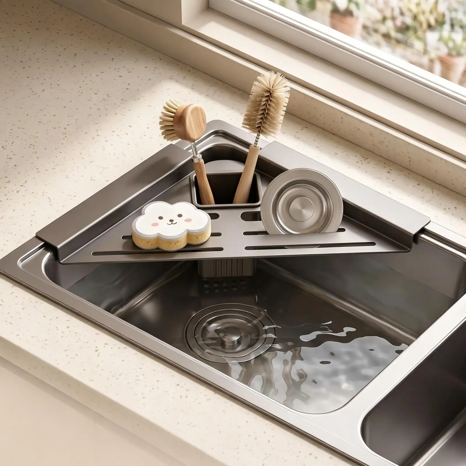 Drain Rack Kitchen Sink Organizer with Towel Bar Adjustable Over Sink Drainer for Dishes Glasses Pots Sink Corner Drying Rack