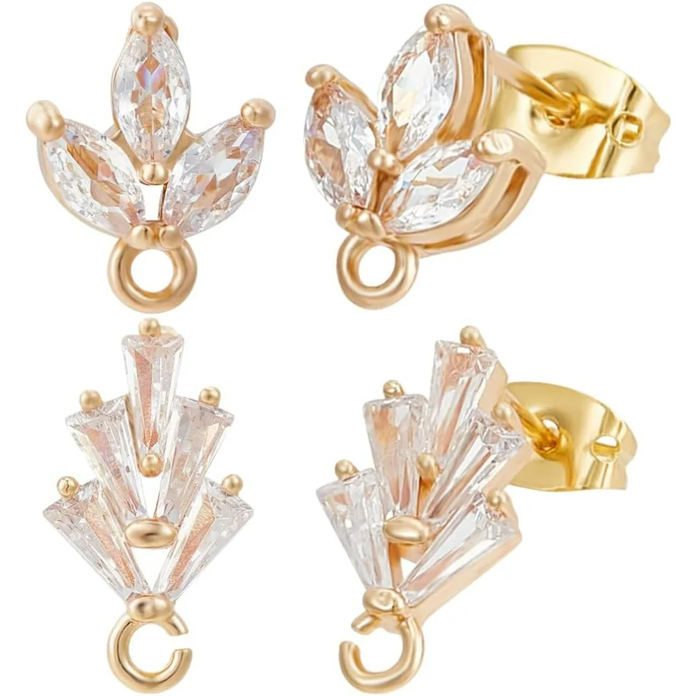 

1 Box 12Pcs 2 Styles Flower Stud Earring Findings 18K Gold Plated Cubic Zirconia Blossom Leaf Earrings Studs with Dangle
