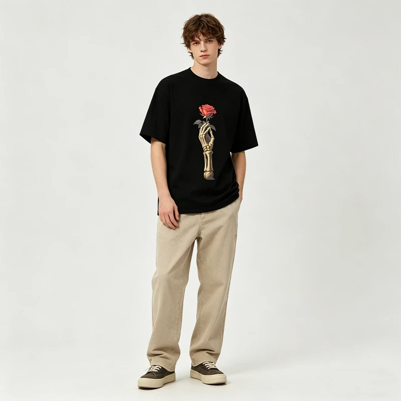 Sommer Herren Skelett-Hand-Rosen-Grafik T-Shirts Vintage-Kunstdruck Lässiges T-Shirt Streetwear Oversized Fit Baumwoll-Tops – Detail 3