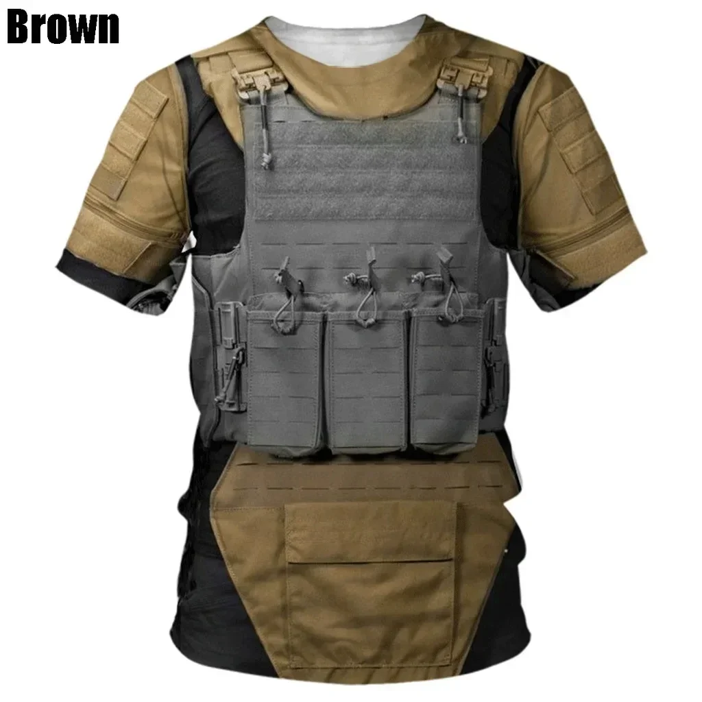 Summer new fashionable and comfortable men's bulletproof vest printed 3D T-shirt casual short sleeved round neck T-shirt