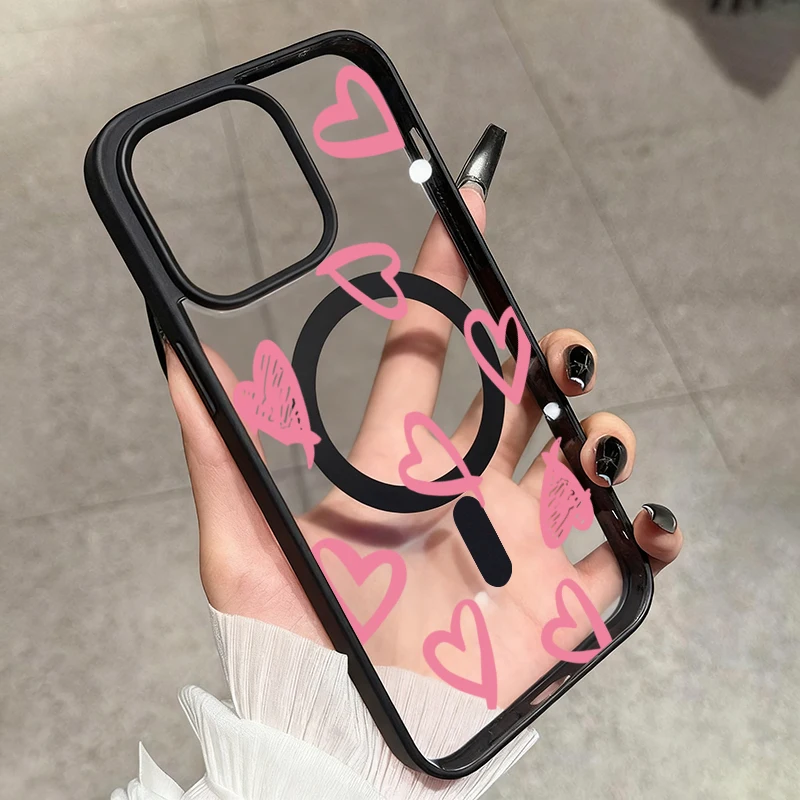 

Pink Heart Bow For Magsafe Magnetic Wireless Charge Case For iPhone 17 16 Pro Air 15 13 11 12 14 Pro Max Plus Shockproof Cover
