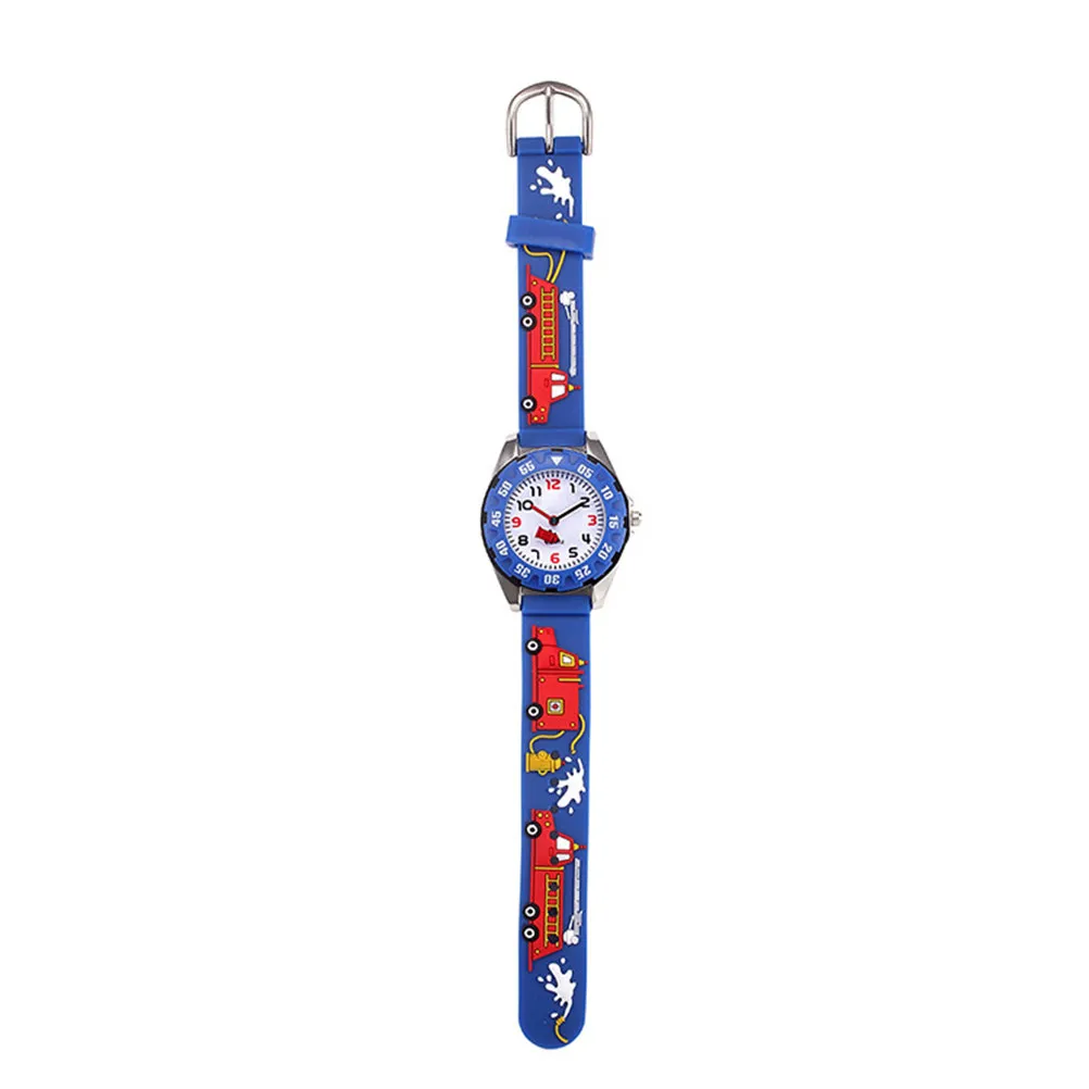 

Cartoon Fire Fighting Truck Kids Silicone Waterproof Watch Blue Quartz Wristwatch Adjustable Strap Time Clock for Boys Girls
