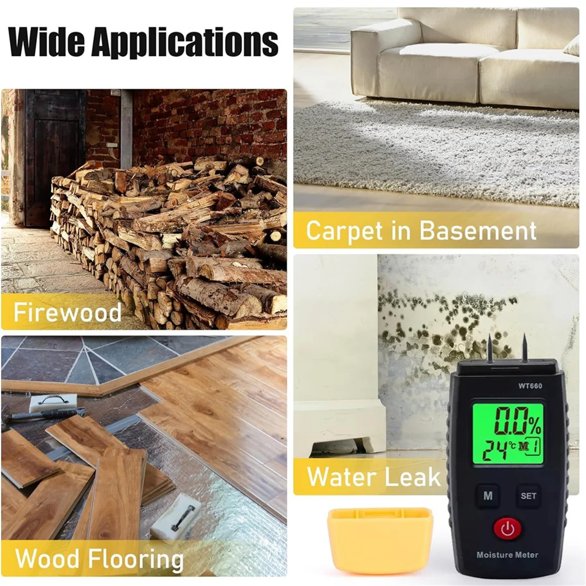 Wood Moisture Meter, Pin-Type Digital Moisture Detector, Water Leak Detector, Handheld Moisture Meter for Lumber, Walls