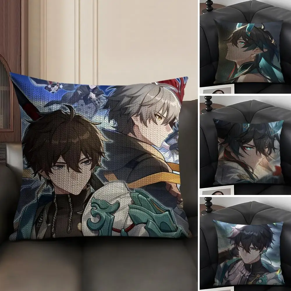 H-Honkai StarR Rail Dan Heng Cushion Cover Natural Linen Organic Fabric Double-Sided Printing Sofa Home Decor Gift Pillow Case