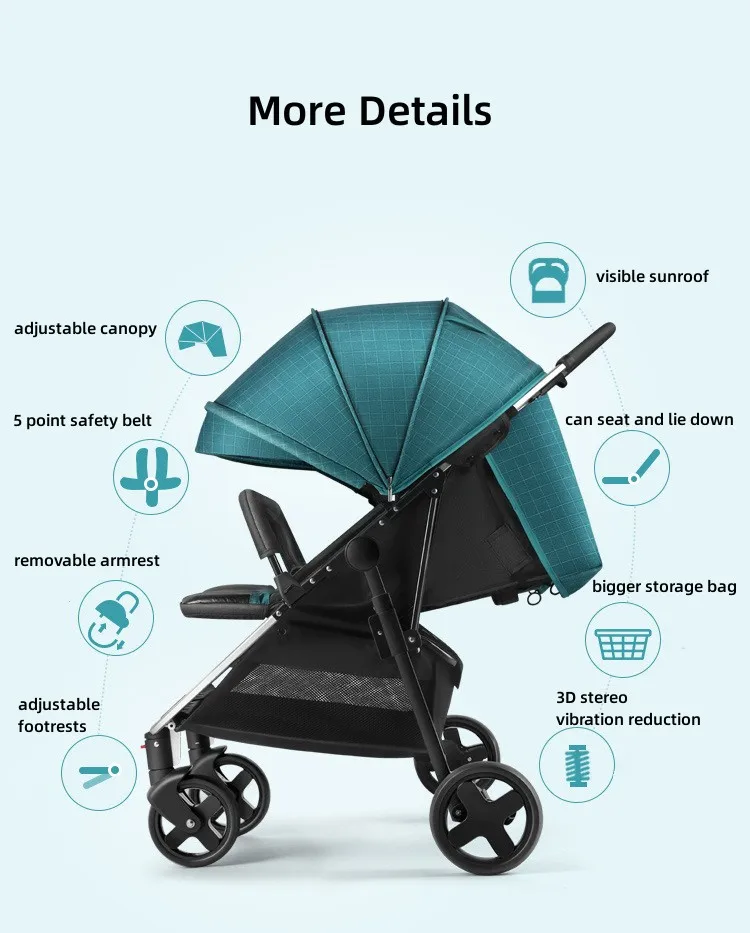 Twin baby stroller double seat stroller can sit and lie down, one key fold light-weight double baby stroller with high quality