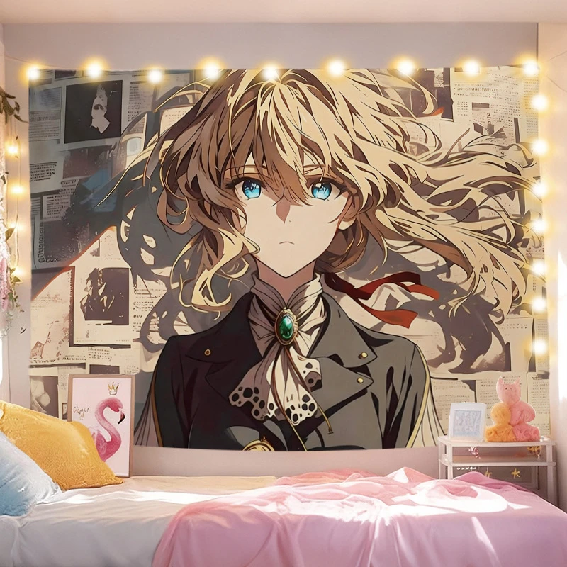VIKAMA Violet Evergarden Anime Tapestry, Girl Art Print Wall Hanging, Aesthetic Decor for Dorm Bedroom Living Room