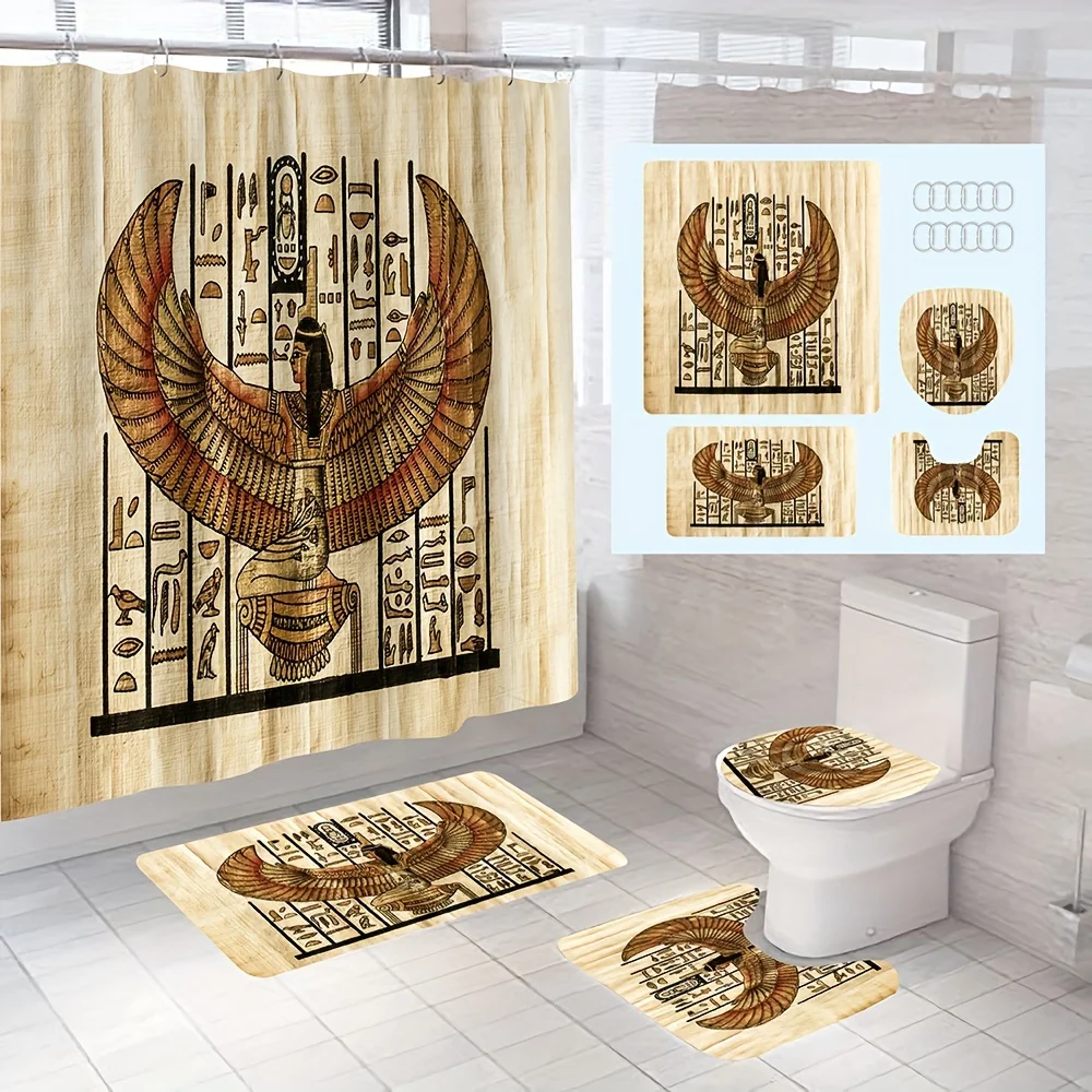 Ancient Egyptian Bathroom 4-Piece Set: Shower Curtain, Bath Mat, Toilet Cover, Tank Cover – Hieroglyphic and Winged Decor