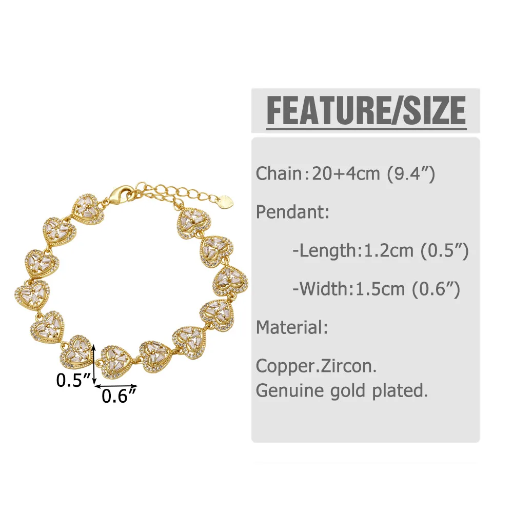 FLOLA Luxury Crystal Heart Bracelets for Women Gold Plated Clover Bracelets Statement Jewelry Party Gifts brth69