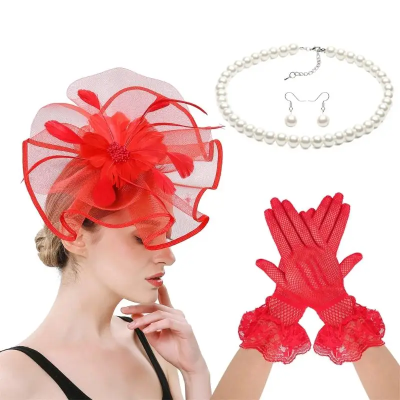 

31BB Fascinator Headpiece Gloves Necklace Set For Daily Wear Special Event Lace Flower Hat for Masquerades Coctail Party
