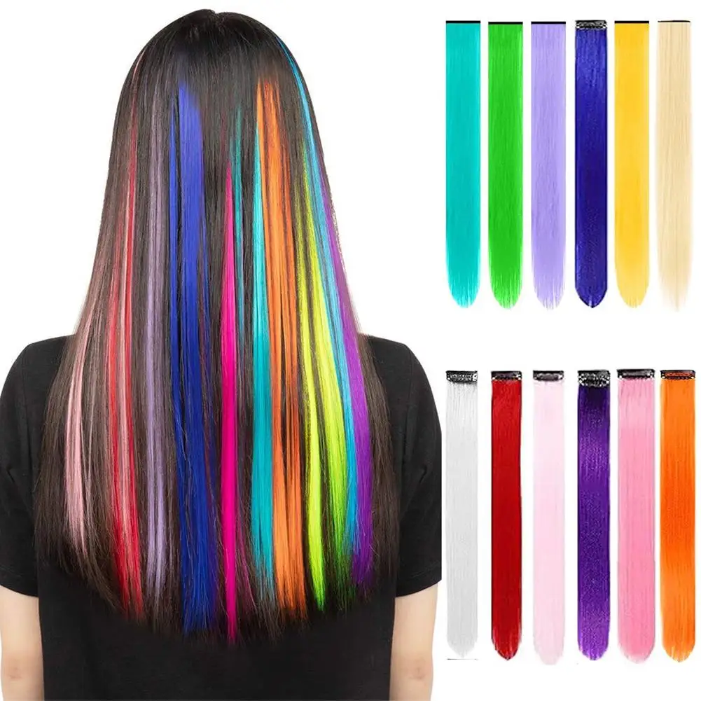 Colored Seamless Clip in Hair Extensions Heat Resistant Synthetic Highlight Hairpieces Flat Invisible Metal Clip Hair Extensions