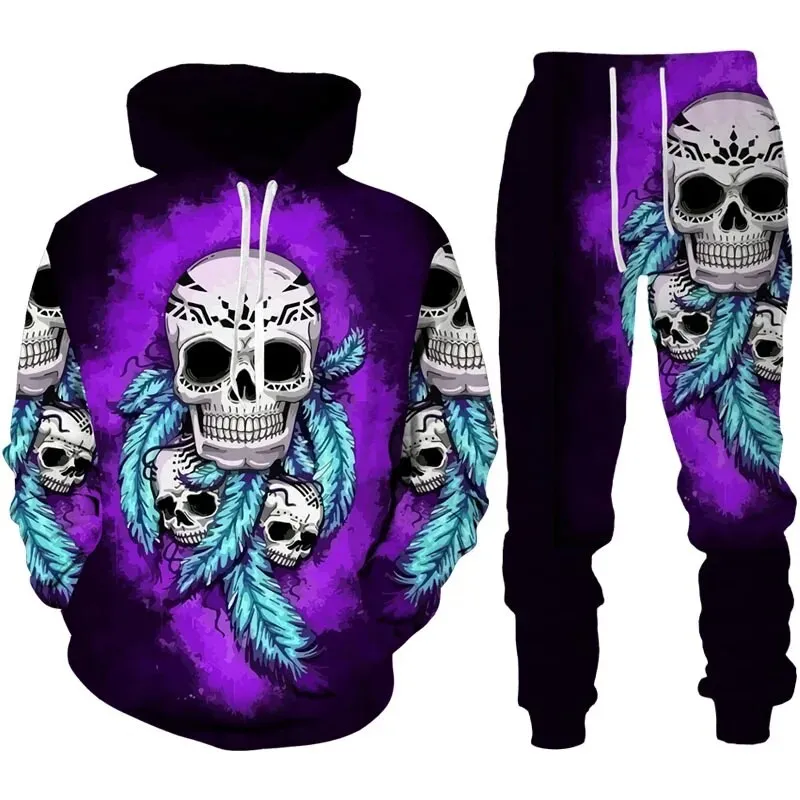 Autumn Floral Skull 3D Printed Hoodie Suit Men Sweatshirts Sweatpants Casual Fashion Two Piece Tracksuit Set Men\'s Clothing