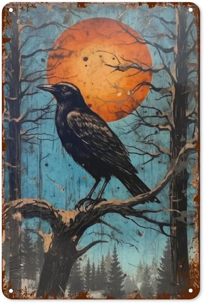 Raven Tin Sign - 8x12 Inch - Retro Halloween Tin Sign Metal Wall Decor Poster Vintage Tinplate Sign for Home Bar Garage Garden P