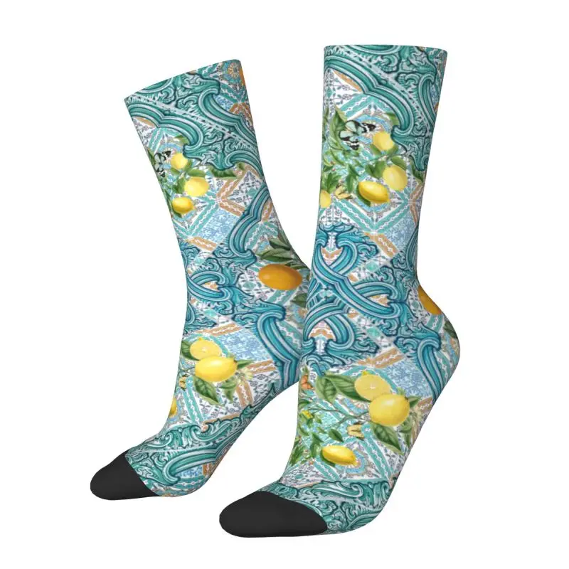 Custom Men's Mediterranean Summer Citrus Lemons Fruit Sicilian Tiles Dress Socks Unisex Breathbale Warm 3D Print Crew Socks