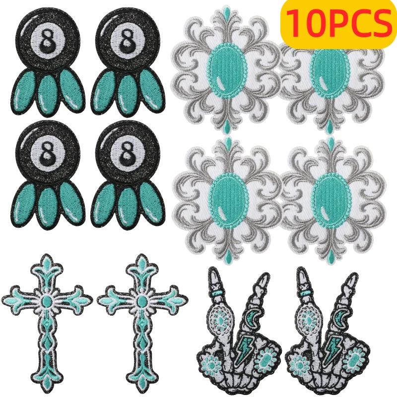 10PCS Bulk Blue Western Denim Cross Embroidery Patches Agate Sticker Heavy Metal Style For Bag Dress Decoration DIY Wholesale