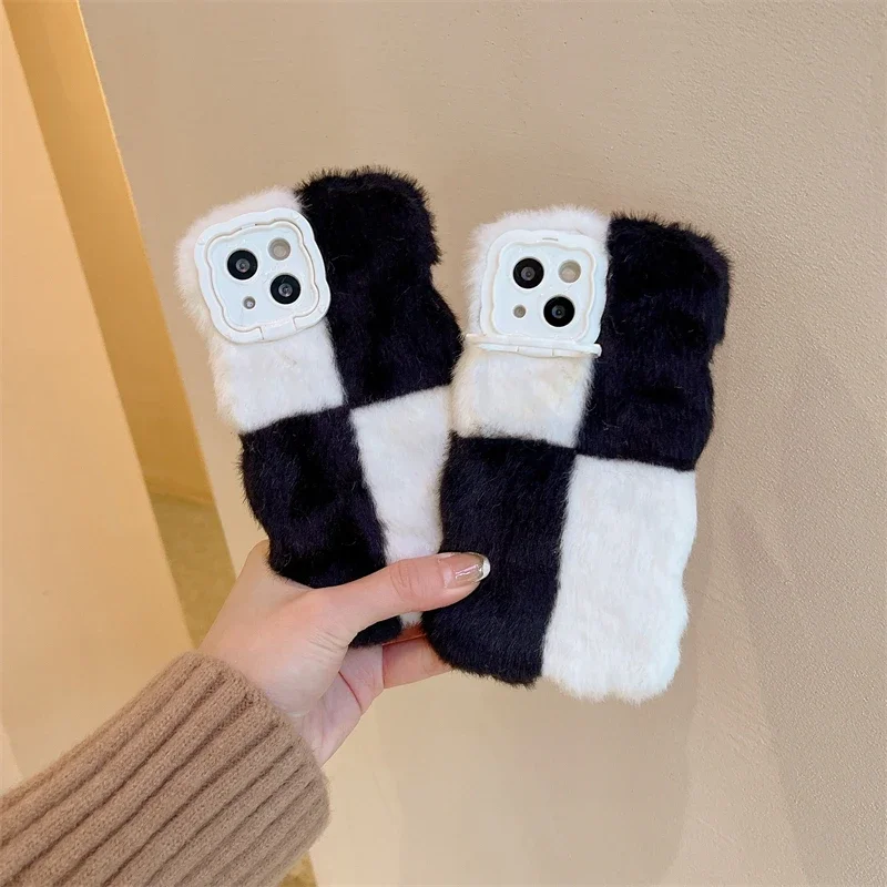 Cute Warm Winter Plush Fur Cover For iPhone 16 15 14 13 Pro Max 14 Plus 15 Plus Plush Hair Fluff Toy Soft Stand Phone Case