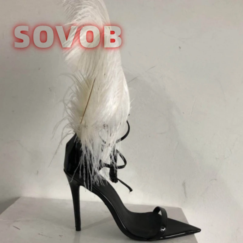 Fluffy White Feather Stiletto Sandals for Women Sexy Ankle Wrap Lace Up High Heels Elegant Feather Embellished Strappy Sandals