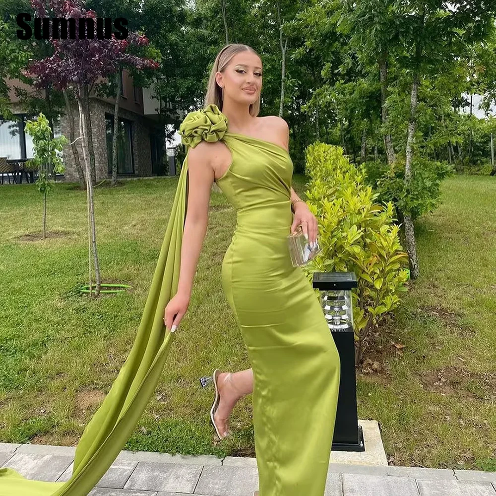 

Sumnus One Shoulder Evening Dresses Long فساتين السهرة Satin Prom Dresses Formal Party Gown with Flowers Vestidos De Noche