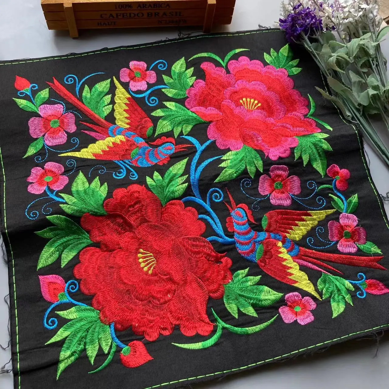 1pcs Red Rose Pretty Flowers 34cm Ethnic Style Embroidery Cloth Patch Clothes Decorative Applique Cheongsam Chinese New