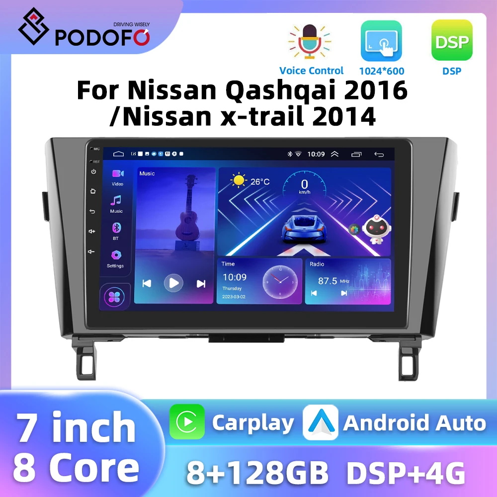 Podofo 8+128G Car Radio For Nissan Qashqai 2016/Nissan X-trail 2014 Carplay Android Auto GPS Navigation WIFI 4G 8Core Car Audio