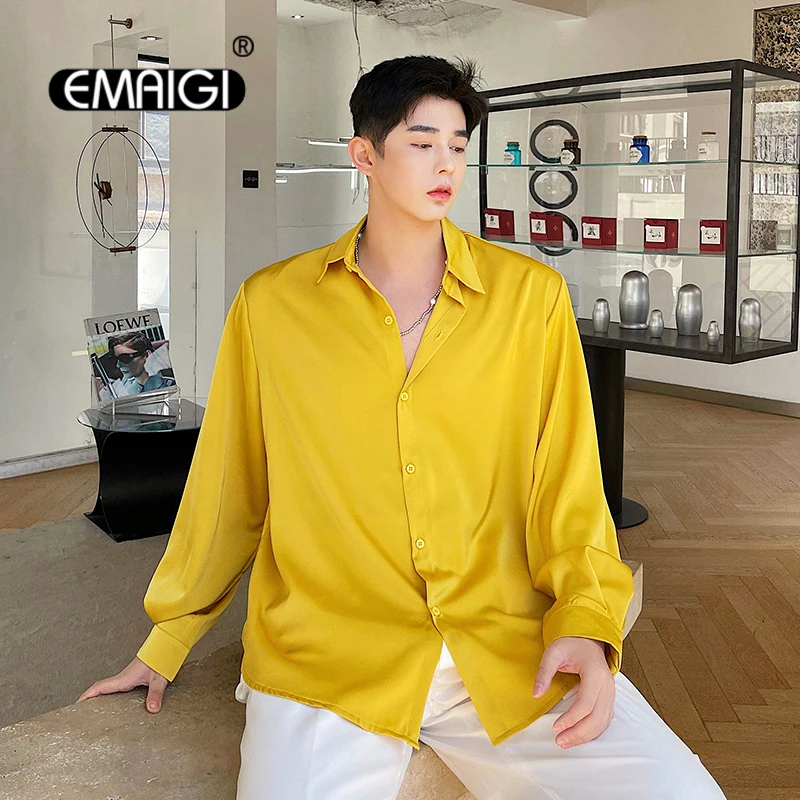 Men Streetwear Vintage Fashion Silk Style Fabric Loose Casual Long Sleeve Dress Shirt Man Harajuku Retro Shirts Male Blouse