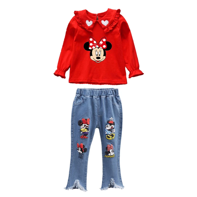 Tenue décontractée pour enfants, ensemble de vêtements pour bébé fille, col Minnie beurre, t-shirt à manches longues, jean évasé Y +, 2 pièces, nouveau