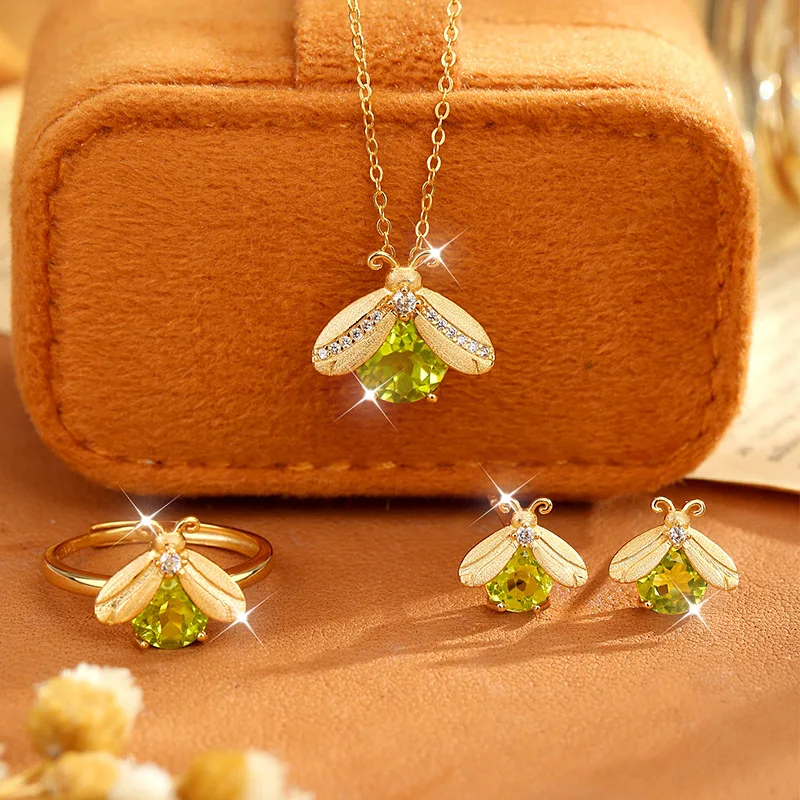 Ins Luxury S925 Silver Dainty Firefly Brushed Natural Gemstone Pendant Necklace Ring Earrings Multi Stone Options Women Gift