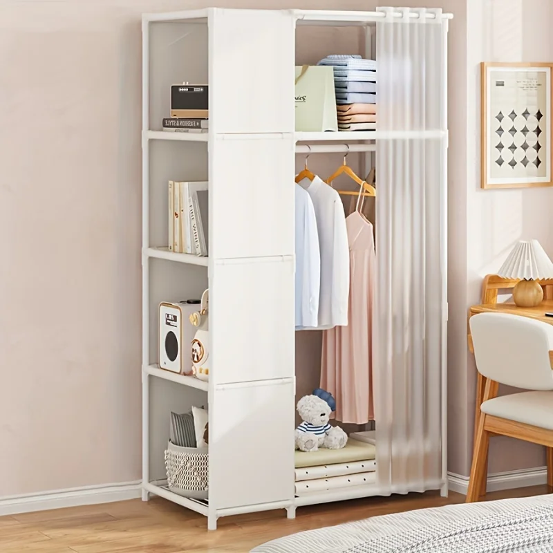 Independent Metal Plastic Wardrobe with Dust Cover, Multifunctional Clothing Storage, Easy to Assemble, Portable Wardrobe