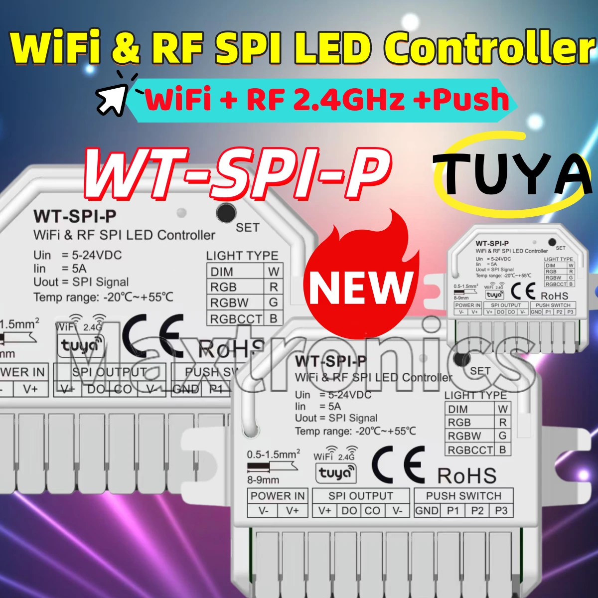 2026 WT-SPI-P Skydance WiFi & RF SPI LED Controller +Push MAX1000 Pixel Tuya APP 5A for RGB/ RGBW LED Strips Light WS2811 WS2812