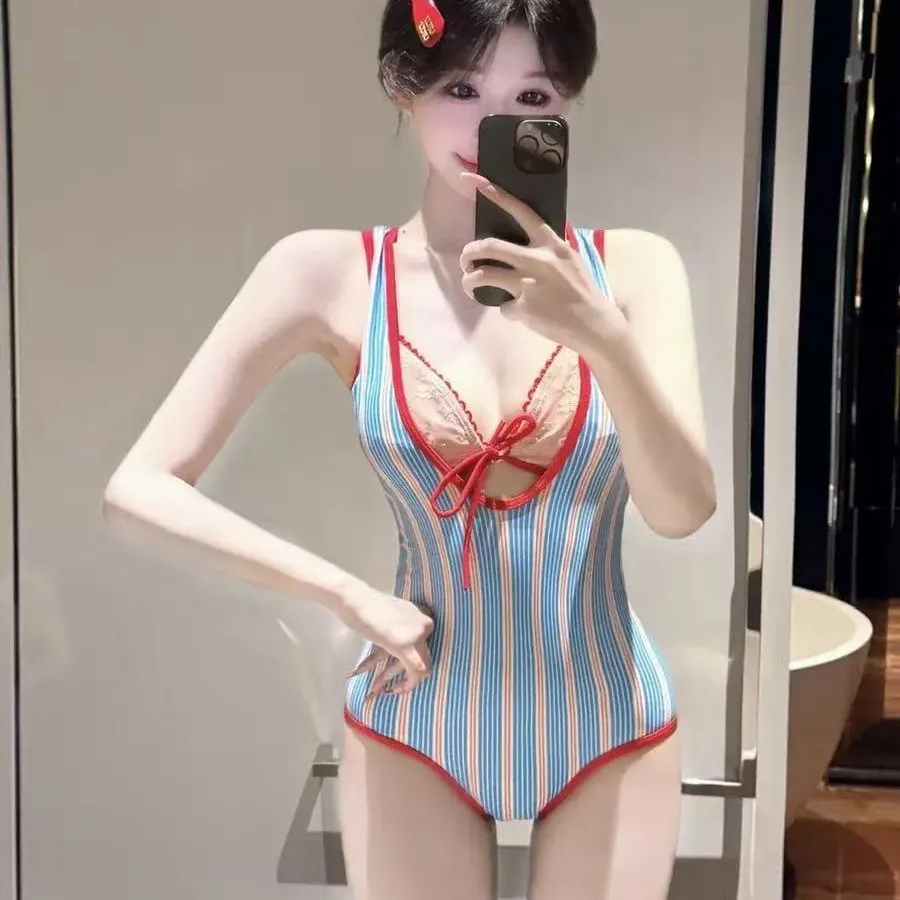 Blue Stripes Small Fresh Holiday Contrasting Colors New Women's Tight and Thin Split Swimsuit  One Piece Swimsuit Swimwear Women